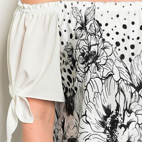 Off Shoulder Mixed Graphic Print Tie Sleeve Top - Picture 4 of 6